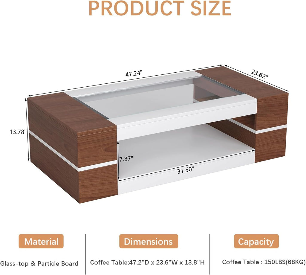 HedoAjim 47.2' Modern Stylish Coffee Table with Glass Table Top, Large Living Room Table Rectangular 2-Tier Center Tables with Storage, Wood Cocktail Tea Tables for Dining Reception Room White Walnut