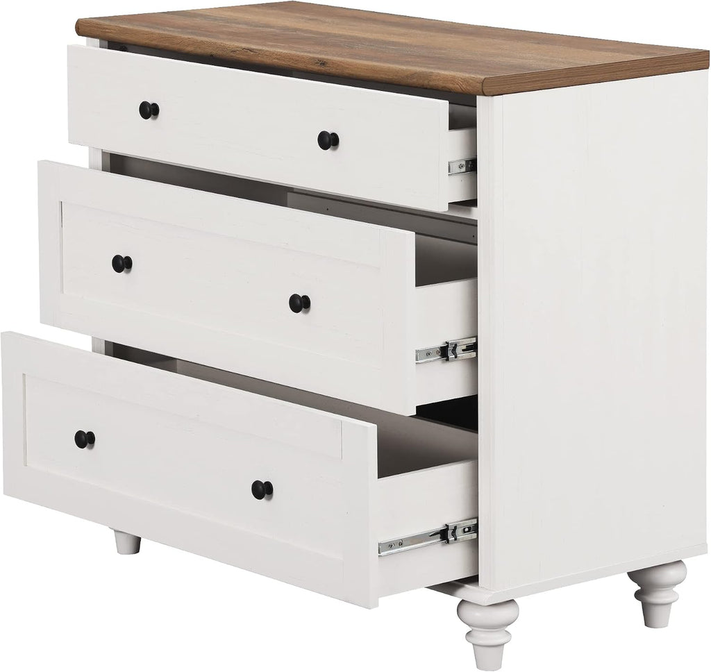 WAMPAT Farmhouse End Table with 3 Drawers, Large Wood Bedside Table Night Stand, Wide Sofa Side End Table 3 Drawers Chest, White