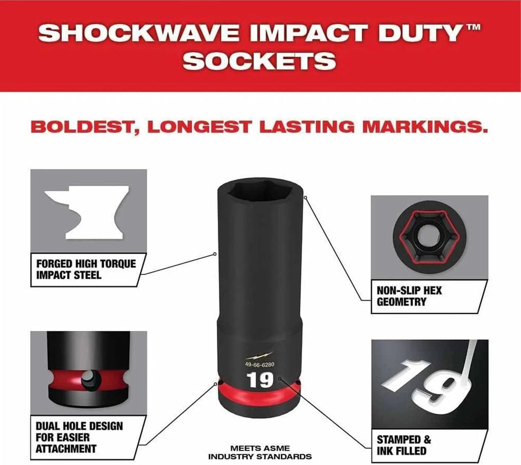 16 PC 49-66-6803 for Milwaukee 1/2'Drive Metric Deep Well Socket Set New