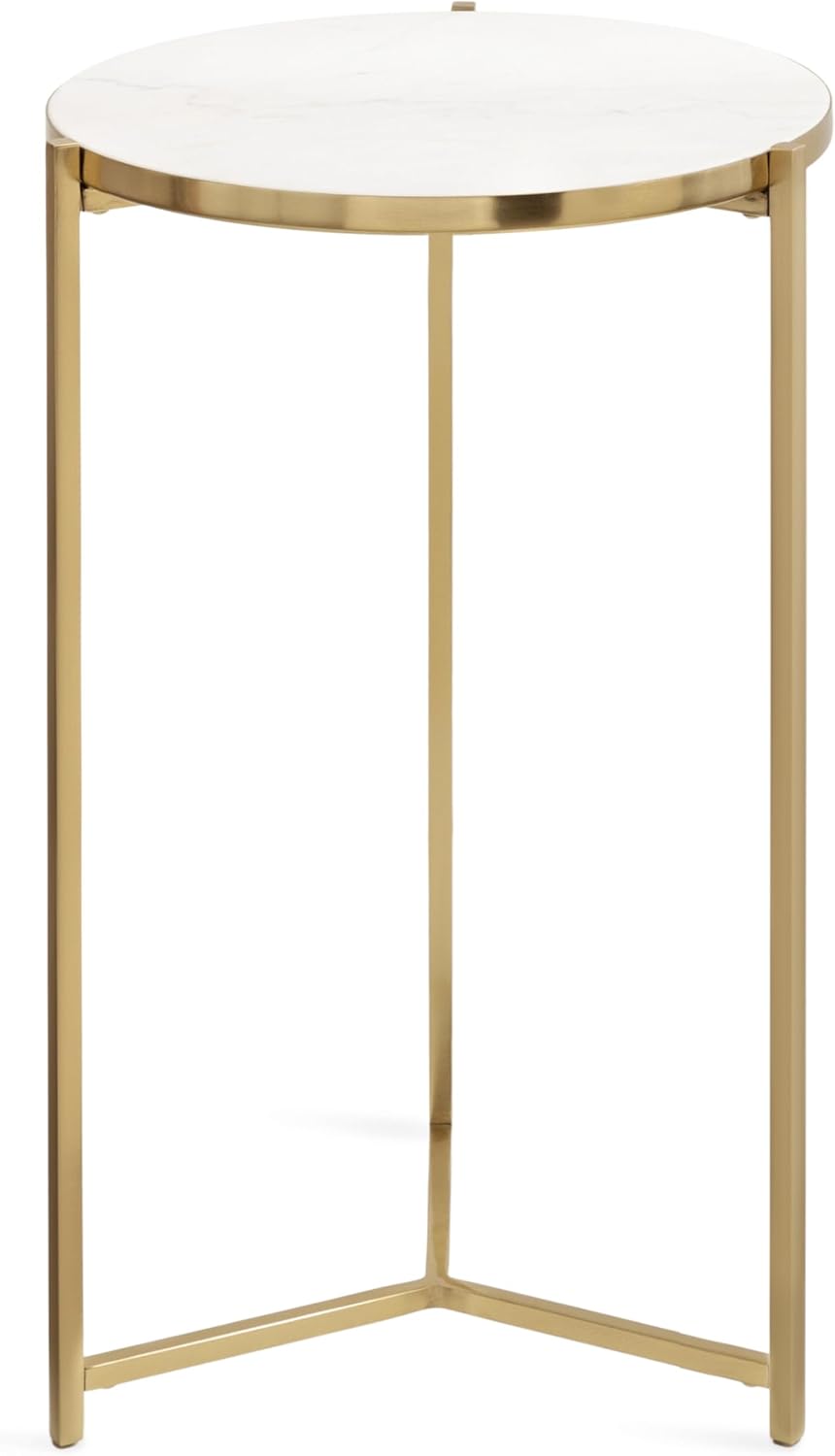 Kate and Laurel Aguilar Modern Round Side Table, 15 x 15 x 24, White and Gold, Genuine Marble Nightstand for Small Spaces and Living Room Decor