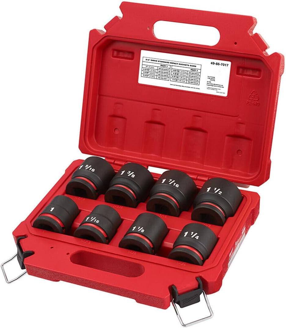Socket Set For Milwaukee 49-66-7017 3/4'' Drive SAE Standard 6 Point Impact Socket Set (Size:10.86 x 8.97 x 2.71 in) - 8PC, Red,black