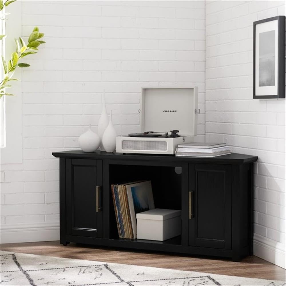 Pemberly Row Contemporary 48' Rustic Wood Corner TV Stand, Black Finish, Fits TVs Up to 50', Adjustable Shelves, Open Center Storage, Cable Management, Modern Farmhouse Style for Living Room Use