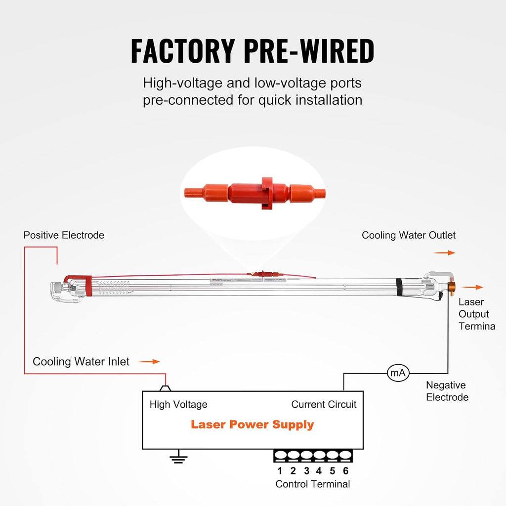VEVOR 60W CO2 Laser Tube, 49.2 in (1250 mm) Length, 2 in (55 mm) Dia Borosilicate Glass Laser Cutter Tube with Metal Head, 5000-6000hr Wires Preconnected for Laser Engraver Engraving Cutting Machine