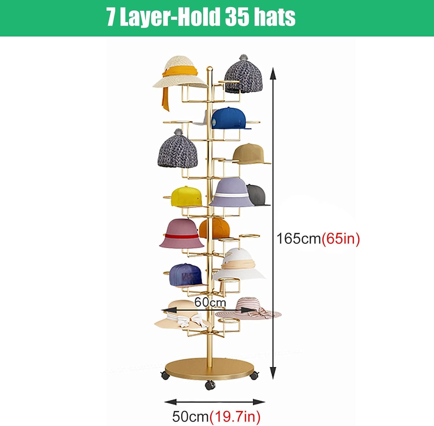 Hat Display Stand Floor Standing Gold Hat Racks Organisers with Wheels, Commercial Multi-Layer Hat Holder Stand for Cowboy/Baseball Caps, Large Capacity
