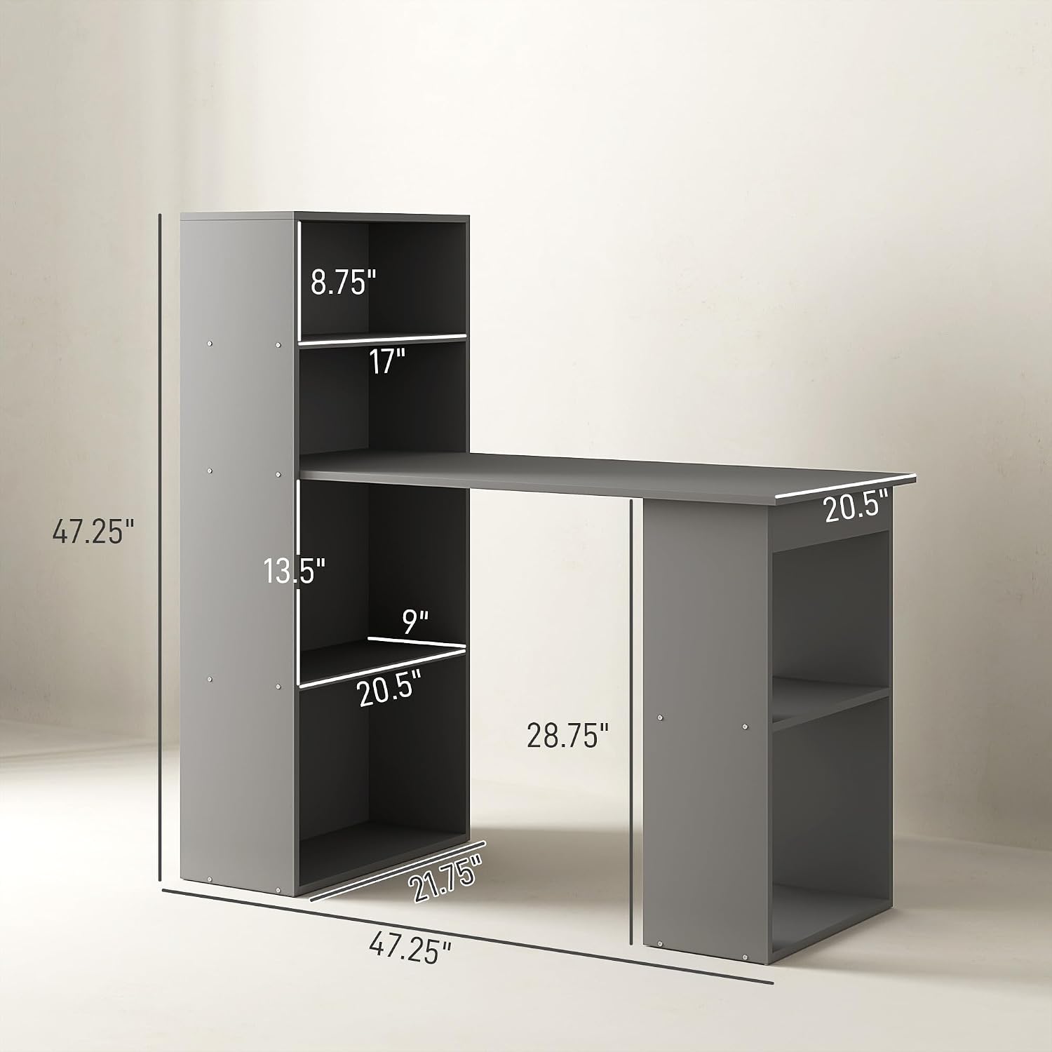 HOMCOM Modern Home Office Desk with 6-Tier Storage Shelves, 47' Writing Desk with Bookshelf, Gray