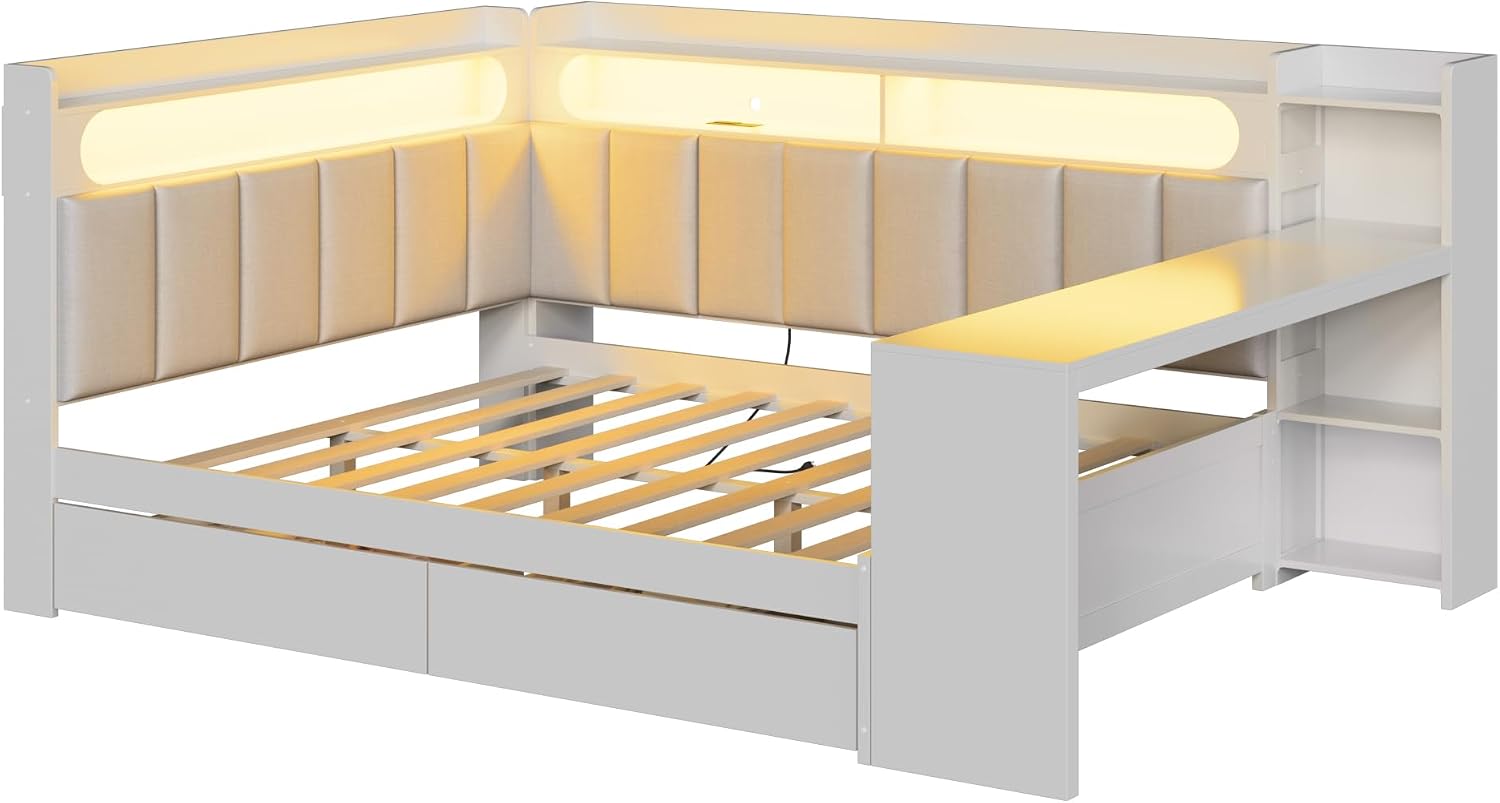 Merax Full Size Multifunctiona Daybed with Storage Drawers and Built-in Shelves & Desk, Corner Bed Frame with Charging Station, LED Light, Upholstered Headboard and Backrest