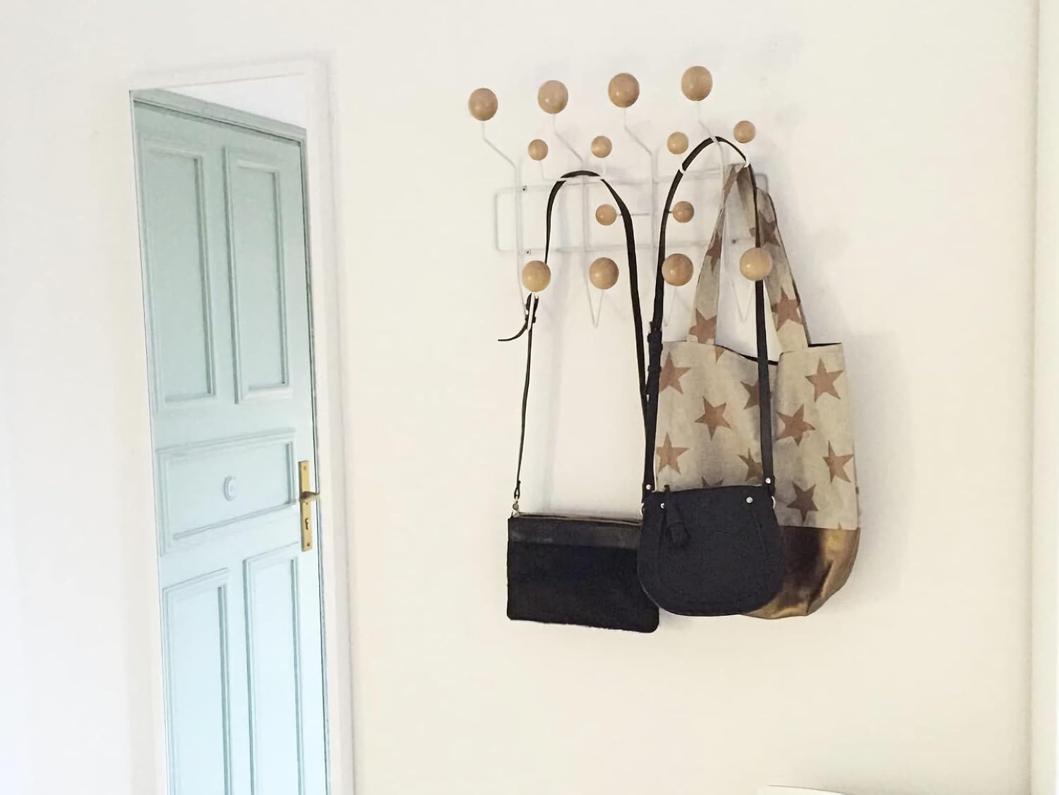 SHISEDECO Classic Hang it All Coat Rack, Mid Century Modern Wall Mounted Hooks with Painted Solid Wooden Balls, Decorative Creative Fashion Wood Hanger for Home, Bedroom (White Frame Natural)