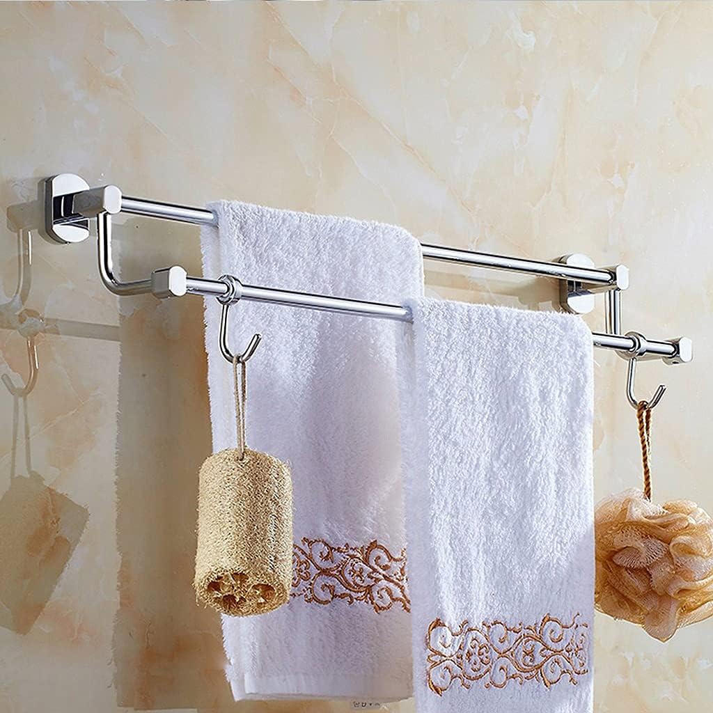Double Bath Towel Bar Rack with Hooks Brass Polished Chrome for Bathroom, Towel Rod Rack Holder Rail Round Wall Mounted for Bedroom, Kitchen, Living Room,Toilet 80cm