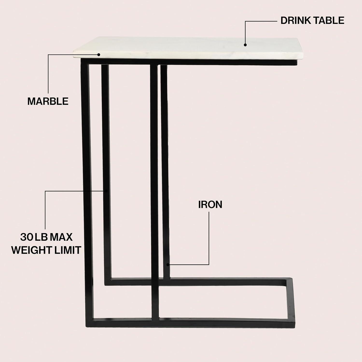 JONATHAN Y END4005A Caius 24.25' Designer Industrial Metal C-Shaped End Table and Side Couch Table with White Marble Top for Living Room, Bedroom, Office, Bathroom, Black
