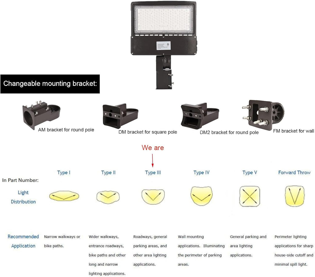 100W 120W 150W Power Switchable LED Parking Lot Light 3000K 4000K 5000K CCT Selectable Outdoor Commercial Street Area Lighting Fixtures Type 3 Bronze 100-277V (DM2 Bracket for Round Pole)