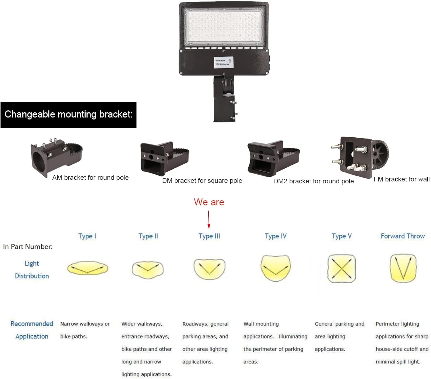 100W 120W 150W Power Switchable LED Parking Lot Light 3000K 4000K 5000K CCT Selectable Outdoor Commercial Street Area Lighting Fixtures Type 3 Bronze 100-277V (DM Bracket for Square Pole)
