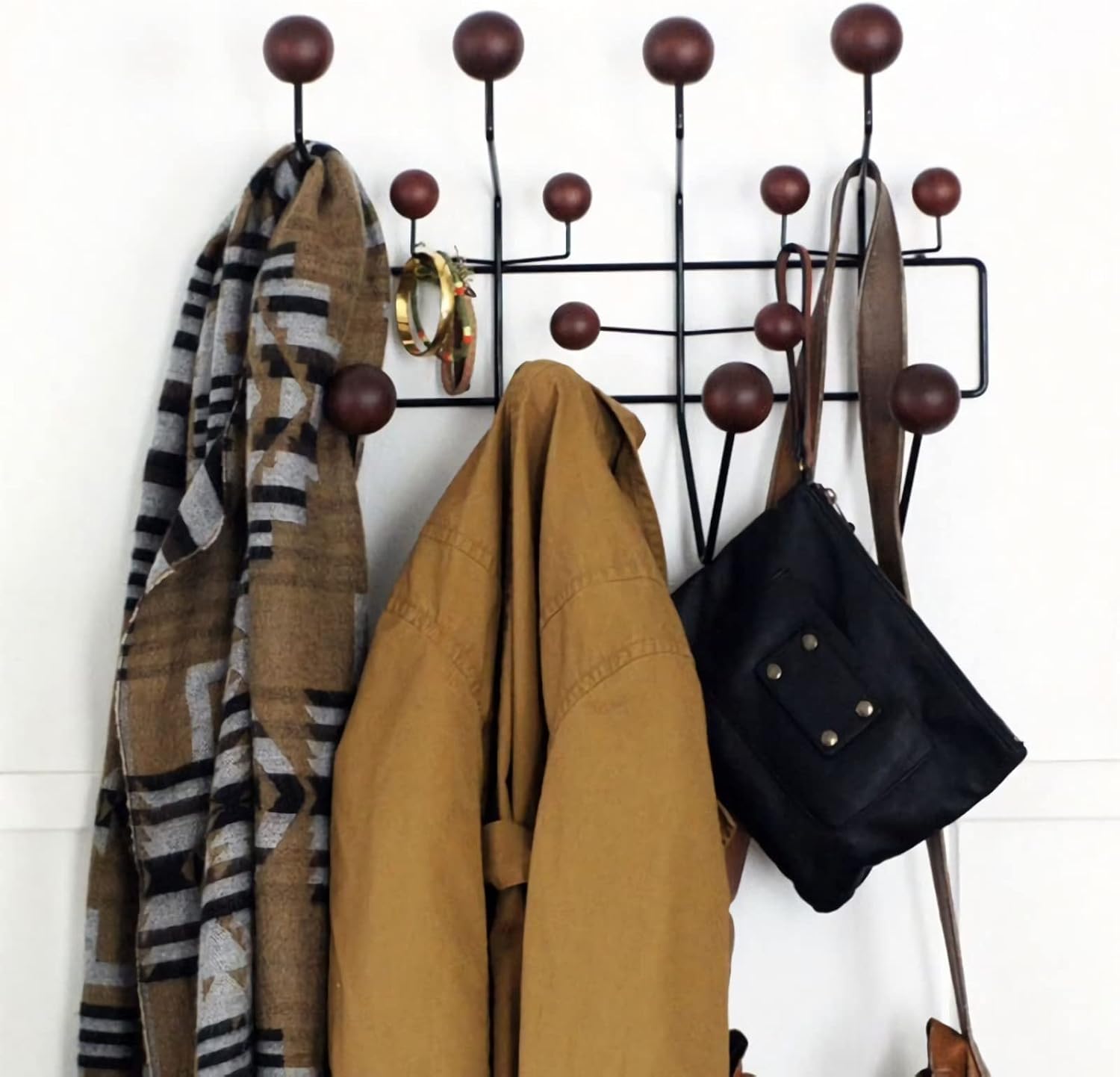 SHISEDECO Classic Hang it All Coat Rack, Mid Century Modern Wall Mounted Hooks with Painted Solid Wooden Balls, Decorative Creative Fashion Wood Hanger for Home, Bedroom (Dark Walnut)