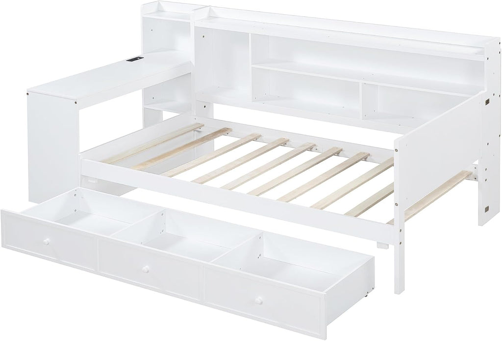 SOFTSEA Twin Size Daybed with Storage Drawers & Bookcase, Wood Daybed with Desk & USB Ports, L Shaped Corner Bed with Convertible Headboard for Bedroom Living Room Guest Room, White