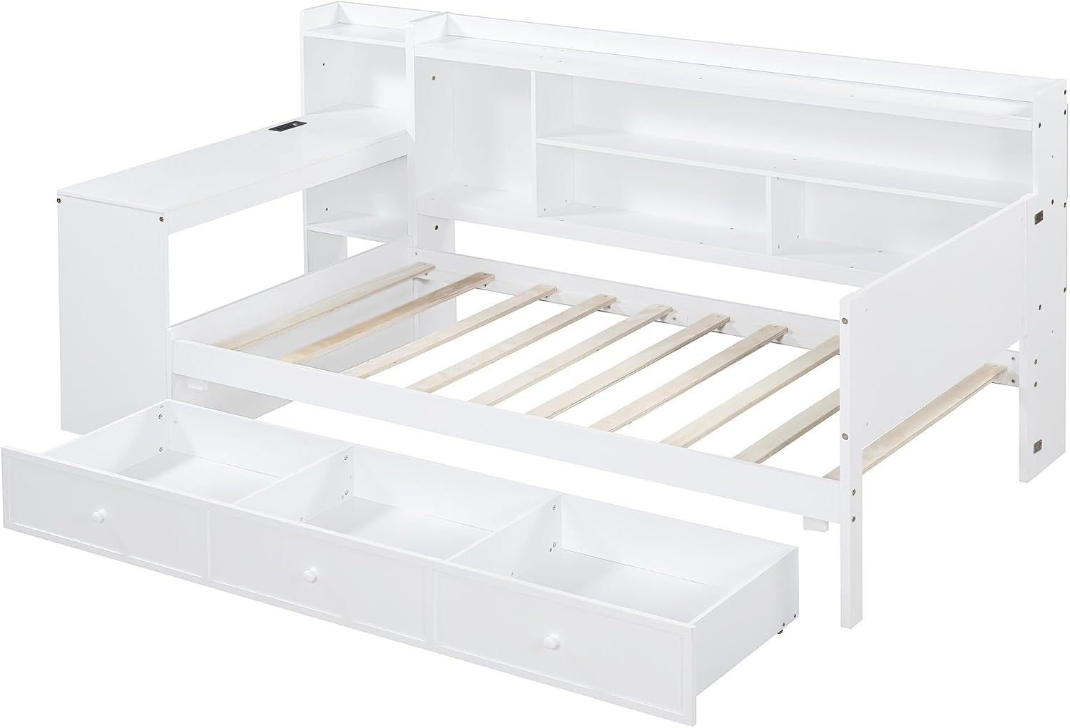 SOFTSEA Twin Size Daybed with Storage Drawers & Bookcase, Wood Daybed with Desk & USB Ports, L Shaped Corner Bed with Convertible Headboard for Bedroom Living Room Guest Room, White