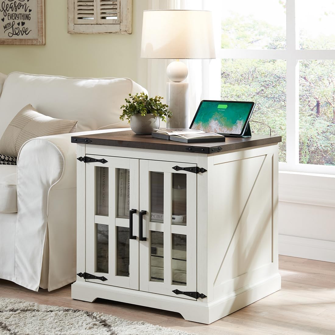 Barnyatoh Farmhouse End Table with Charging Station,24' Large Sofa Side Table with Glass Barn Door, Rustic Wood Nightstand Bedside Table with Adjustable Storage Shelf for Living Room, Bedroom,White