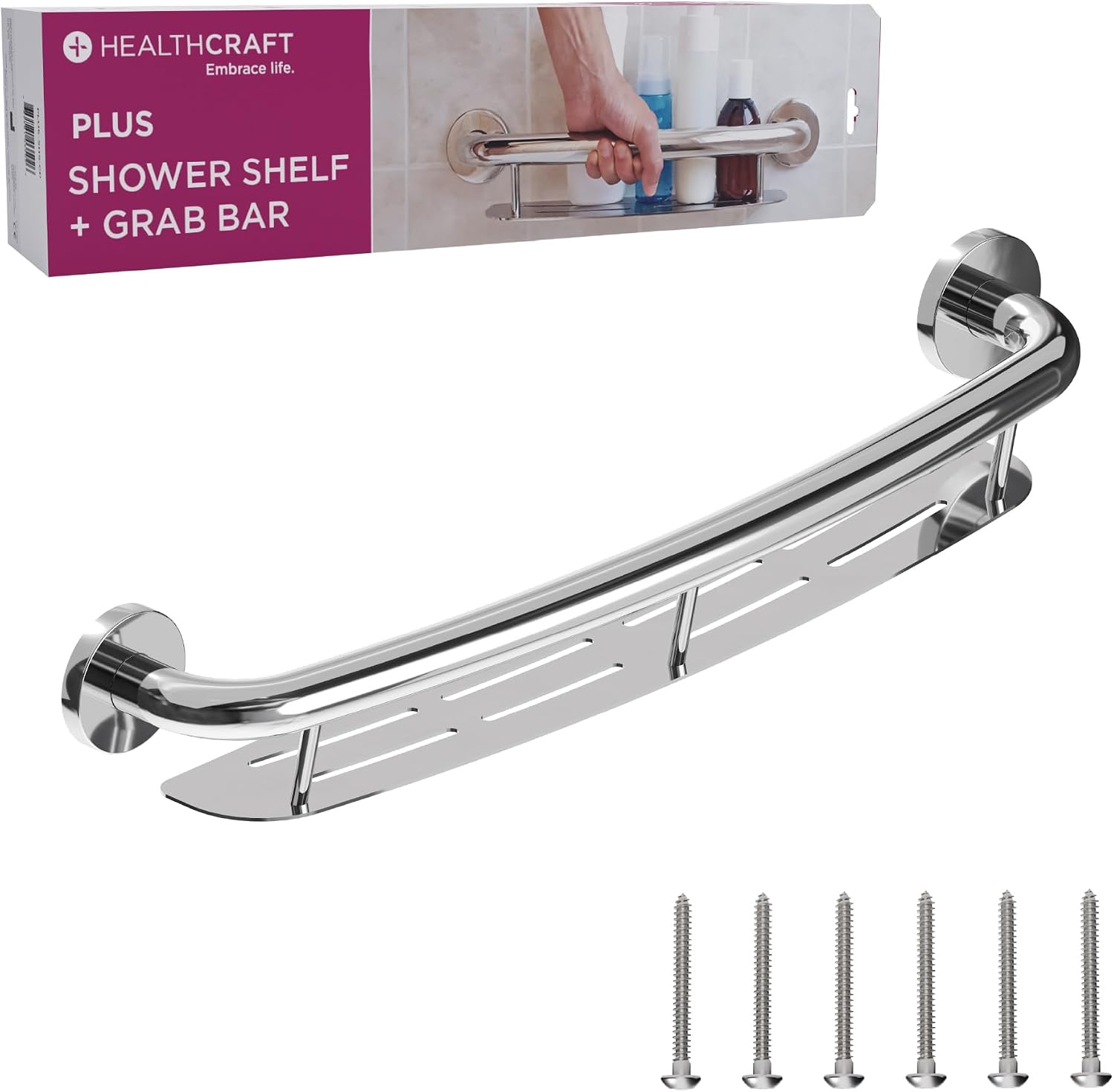 HEALTHCRAFT Plus Shampoo Shelf & Grab Bar 24', ADA Safety - Polished Chrome | Built-in shampoo shelf, concealed screws, no separate shelf needed