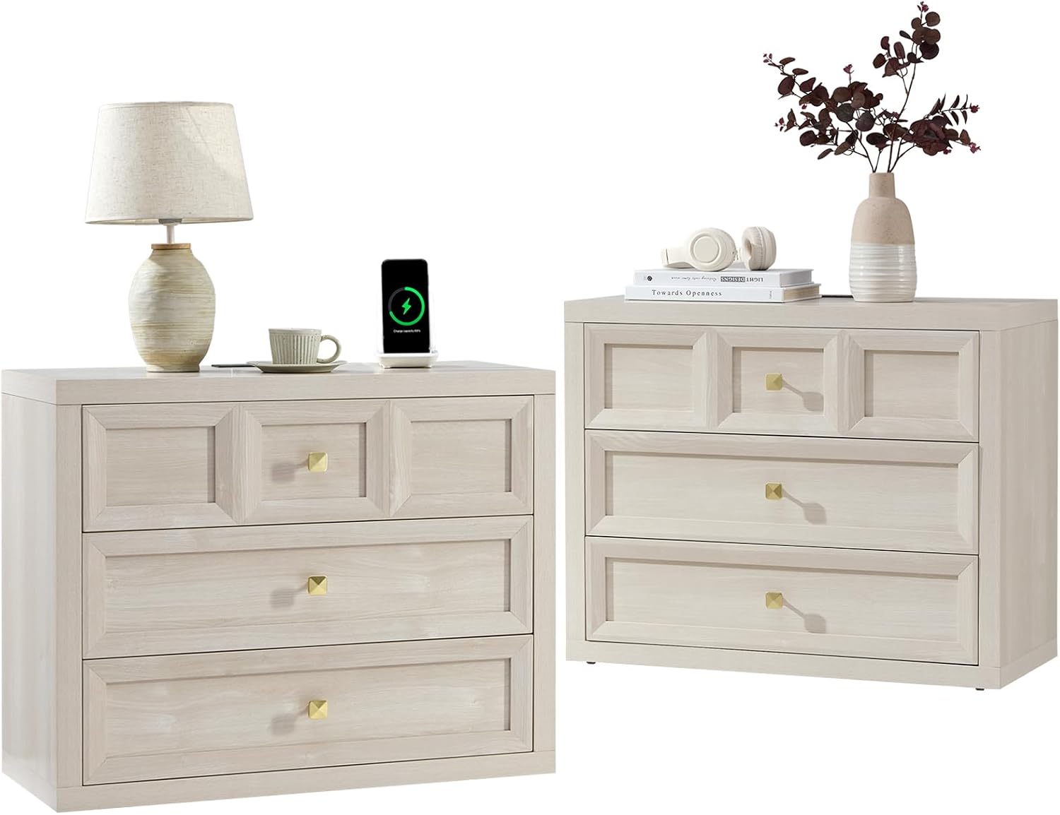 Nightstand Set of 2 W/Charging Station, 30.7' W King Size Bedside Table with 3 Drawers, Accent End Table W/Large Storage, Modern Wood Side Table for Bedroom,Office, Beige