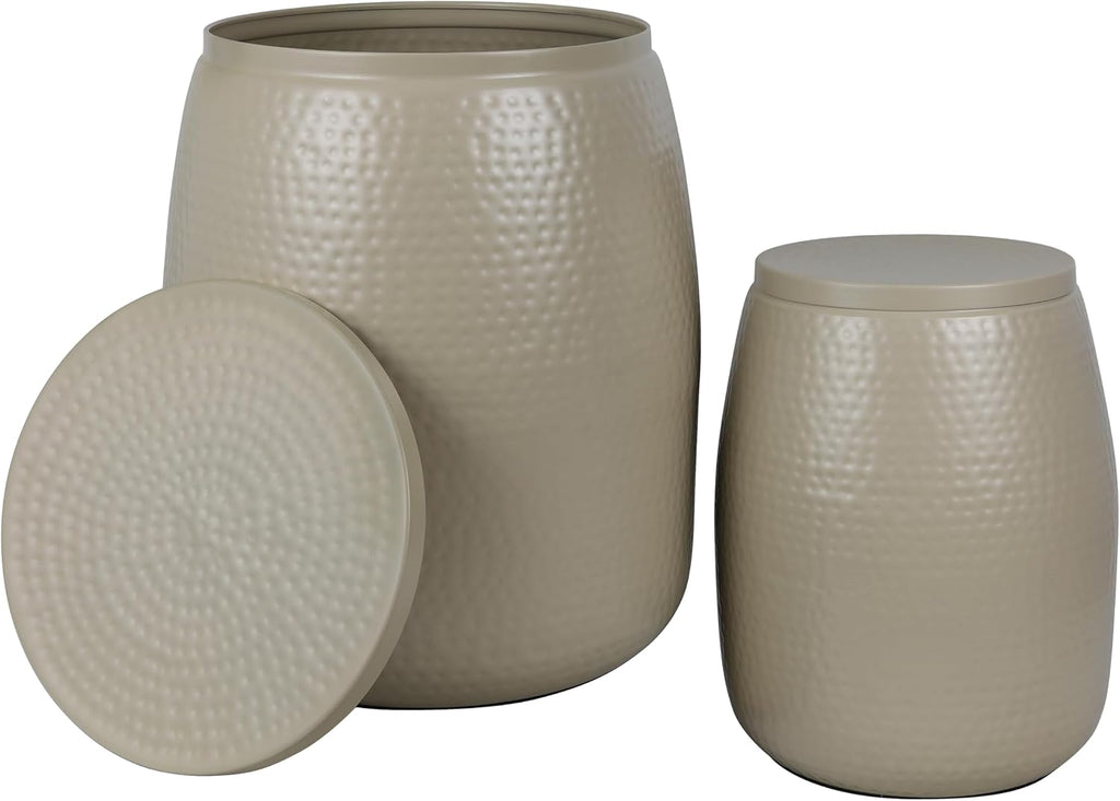 happimess SSL2002D-2SET Merida Modern Rustic 2-Piece Hammered Metal Drum Storage Side Tables with Lids, End Table for Decoration in Living Room, Bedroom, Bathroom, Almond