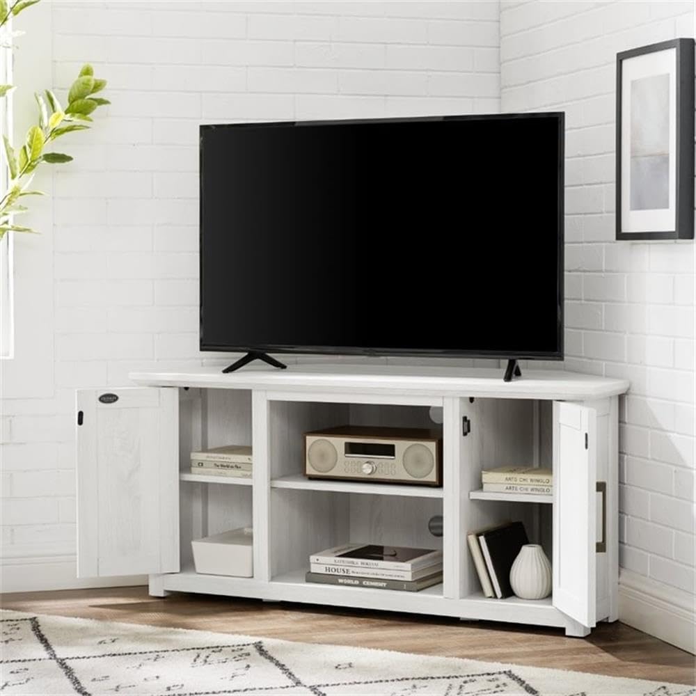 Pemberly Row Modern Rustic Wood Corner TV Stand, 48 in, Whitewash Finish, Fits TVs Up to 50 in, Adjustable Shelving, Cable Management, Antique Brass Hardware, MDF Construction, Living Room