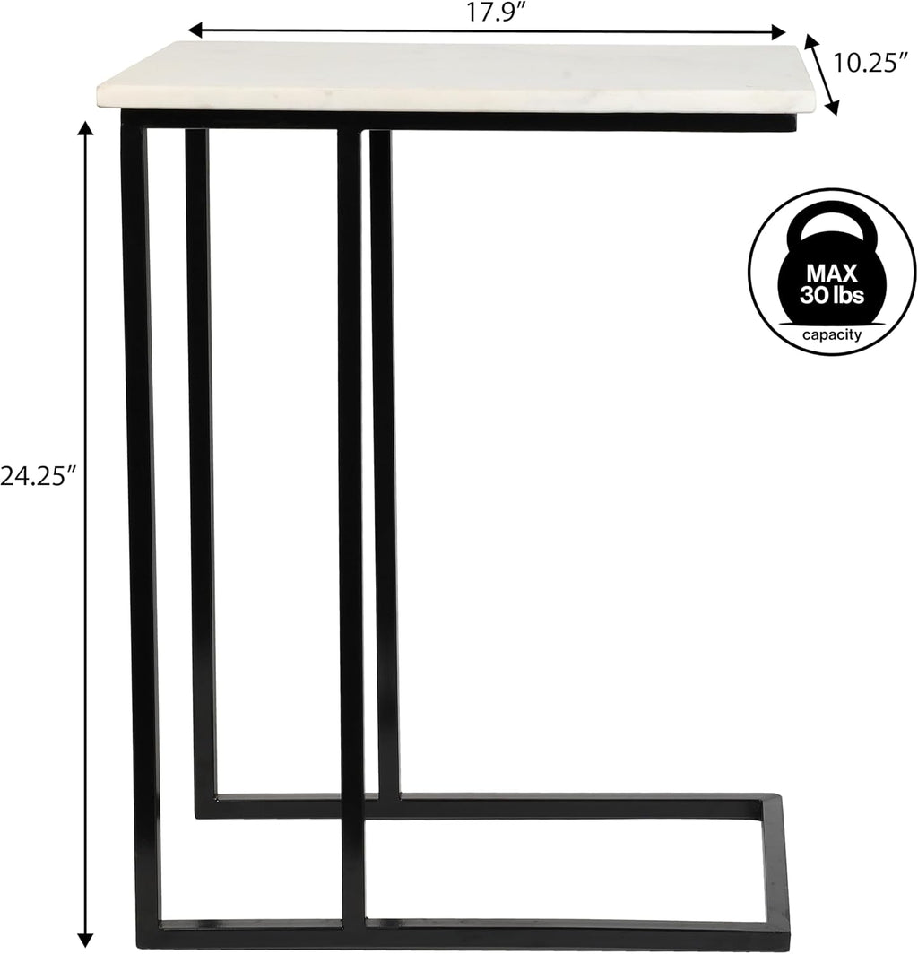 JONATHAN Y END4005A Caius 24.25' Designer Industrial Metal C-Shaped End Table and Side Couch Table with White Marble Top for Living Room, Bedroom, Office, Bathroom, Black