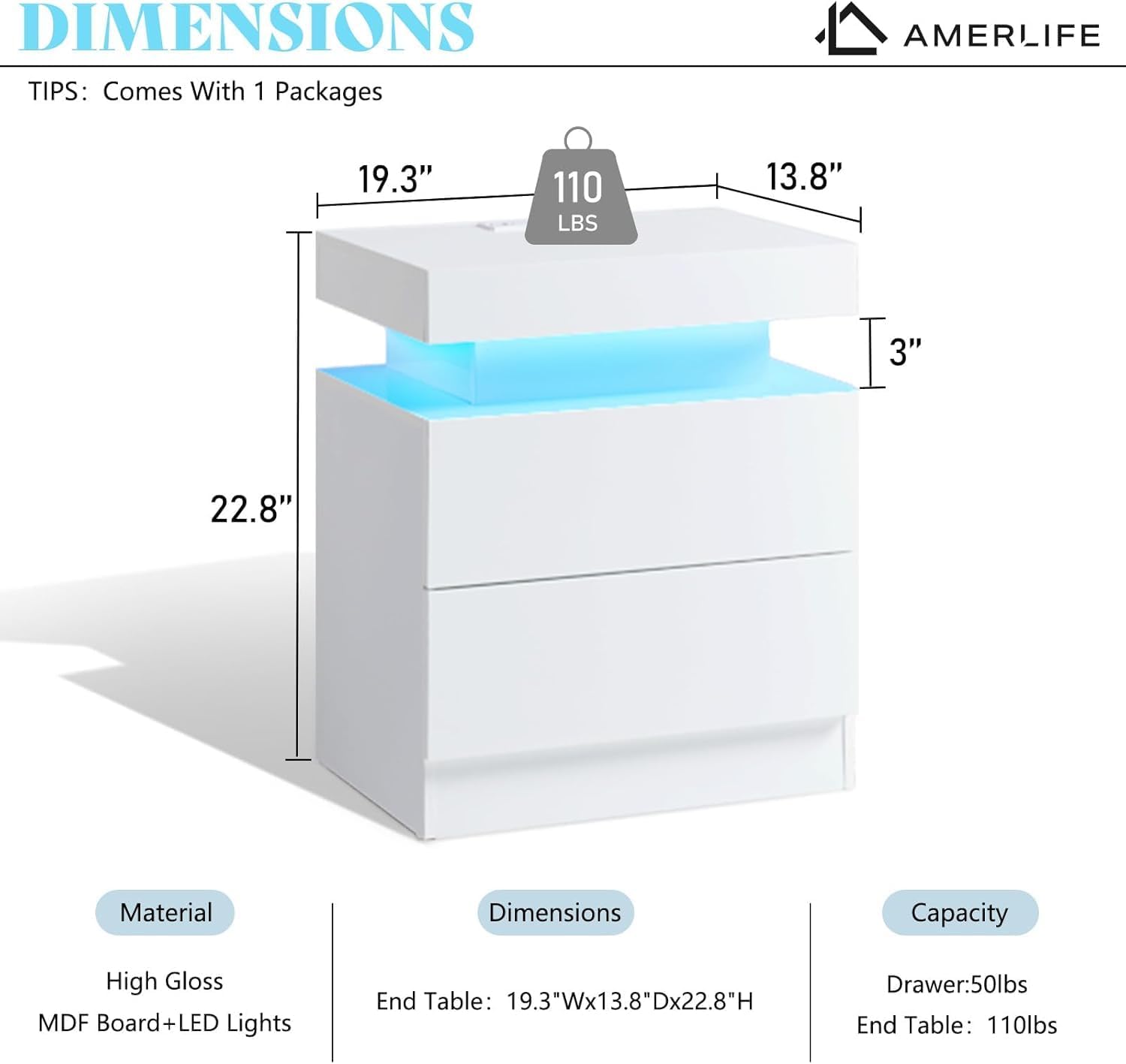 AMERLIFE High Gloss End Table Set of 2 with Charging Station, Modern Bedside Table Night Stand with Lights, LED Nightstand with Drawers for Bedroom Living Room, White
