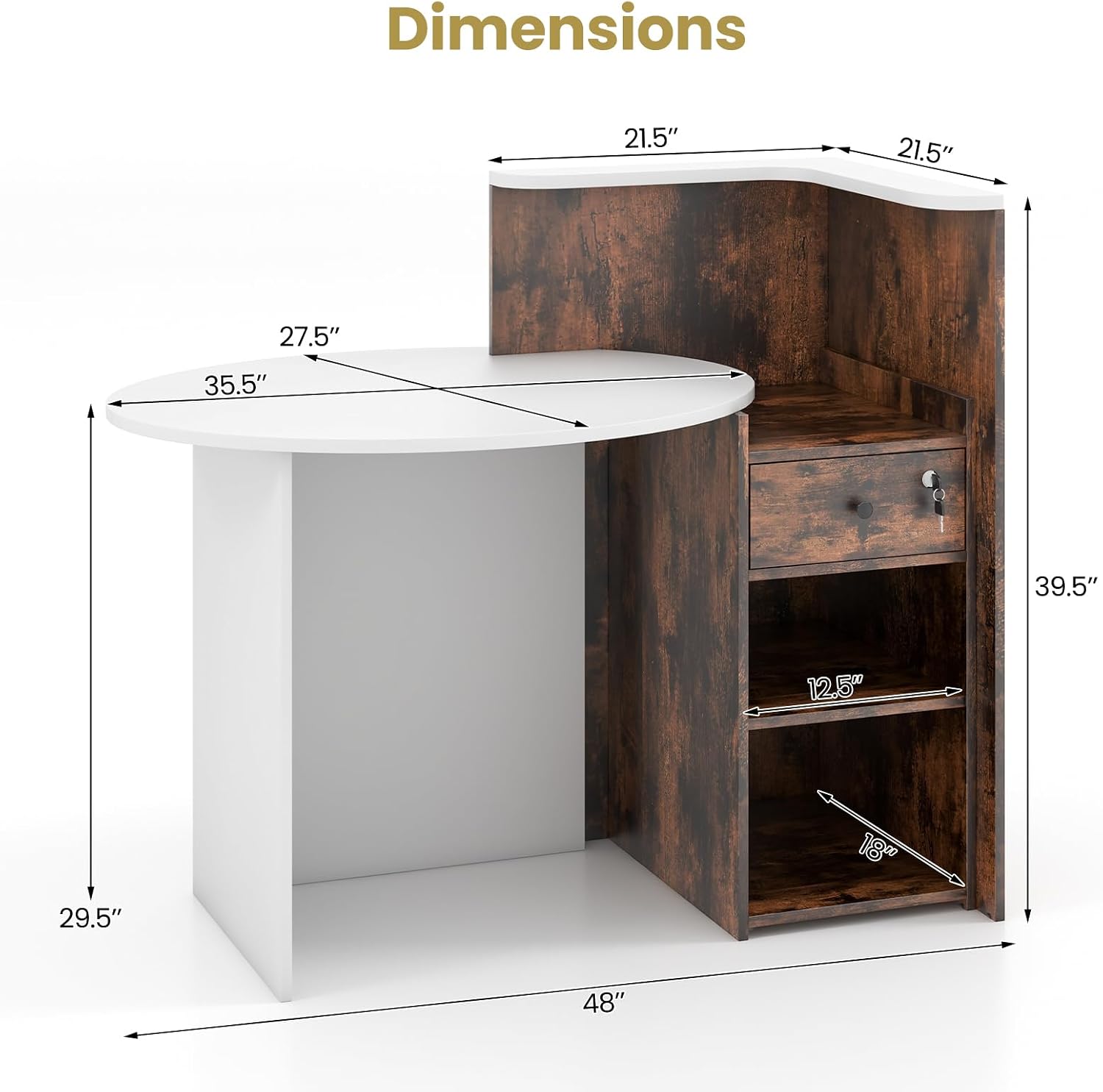Giantex Reception Desk, Front Counter Desk with Lockable Drawer, Retail Counter Checkout Table with Round Tabletop, Corner Shelf & Adjustable Shelf for Office Beauty Salon Retail Store (Brown)