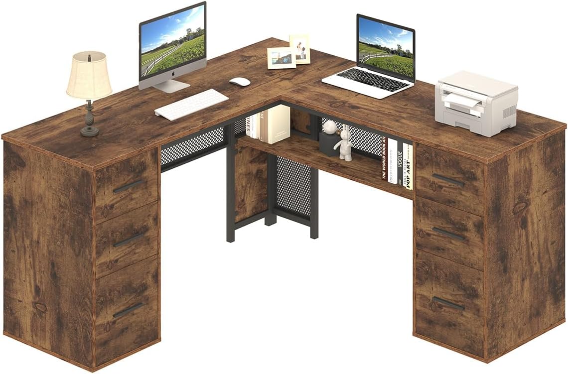 HSH L Shaped Computer Desk with File Drawers, Large Metal Wood L Shape Table with Storage Cabinet Shelves, Reversible Corner Home Office Executive Writing Study Workstation Desk, Rustic Brown, 59 Inch