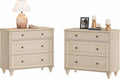 WAMPAT Farmhouse Nightstand with 3 Drawers, Set of 2 Large 3 Drawers Wood Bedside Table Night Stand, Wide Sofa Side End Table Chest of Dresser for Living Room, Bedroom, Beige, 34 inch