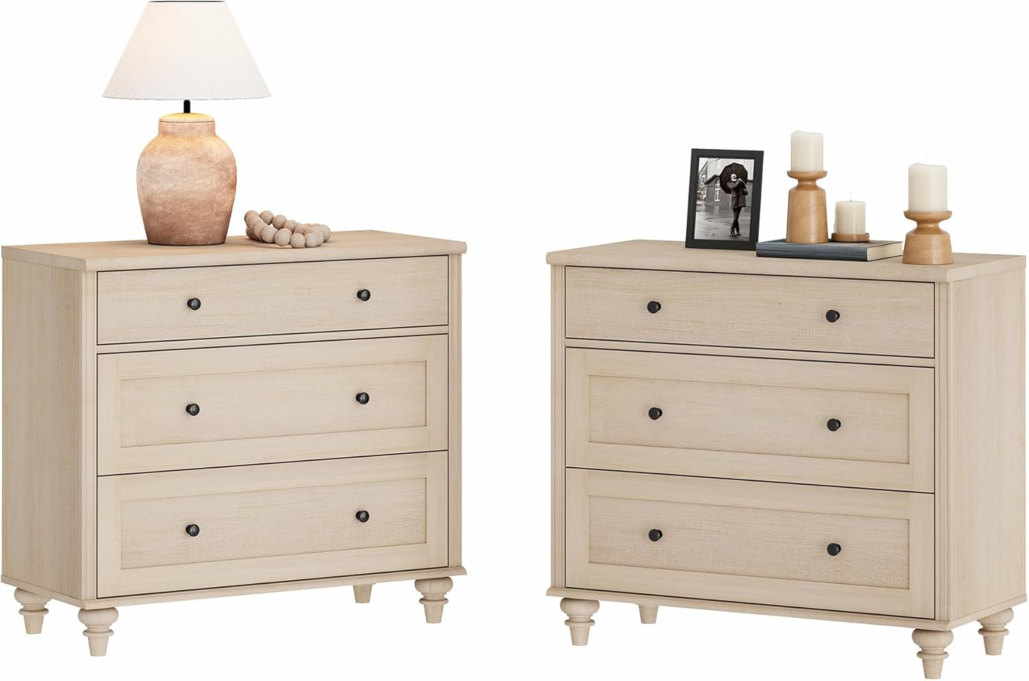 WAMPAT Farmhouse Nightstand with 3 Drawers, Set of 2 Large 3 Drawers Wood Bedside Table Night Stand, Wide Sofa Side End Table Chest of Dresser for Living Room, Bedroom, Beige, 34 inch