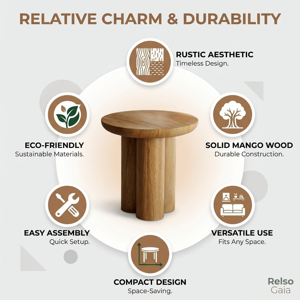 Relso Gaia Round End Table for Living Room and Farmhouse | Solid Mango Wood for Rustic Elegance | Ideal for Side Tables, Nightstands & More | Wood Side Table Round for Bedroom (Natural)