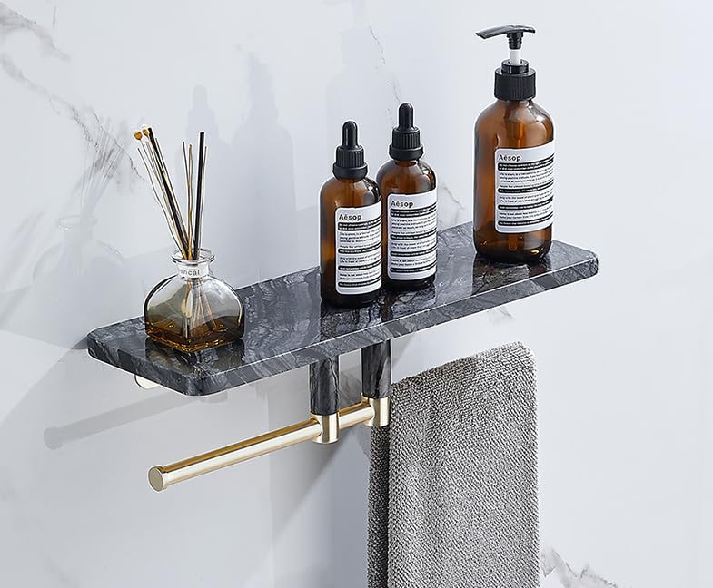 Marble Paper Towel Holder, Towel Rail, Wall Mounted Toilet Paper Holder, Shelf, black-30 Long Shelf with bar