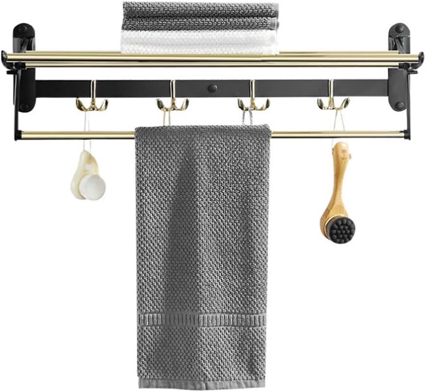 Towel Rack Towel Rail Stainless Steel Folding Towel Rack with 4 Hooks Wall Mounted Towel Holder Light Bathroom Towel Shelf Bath Towel Bar Towel Bar Towel Holder/A-Black Gold/60Cm
