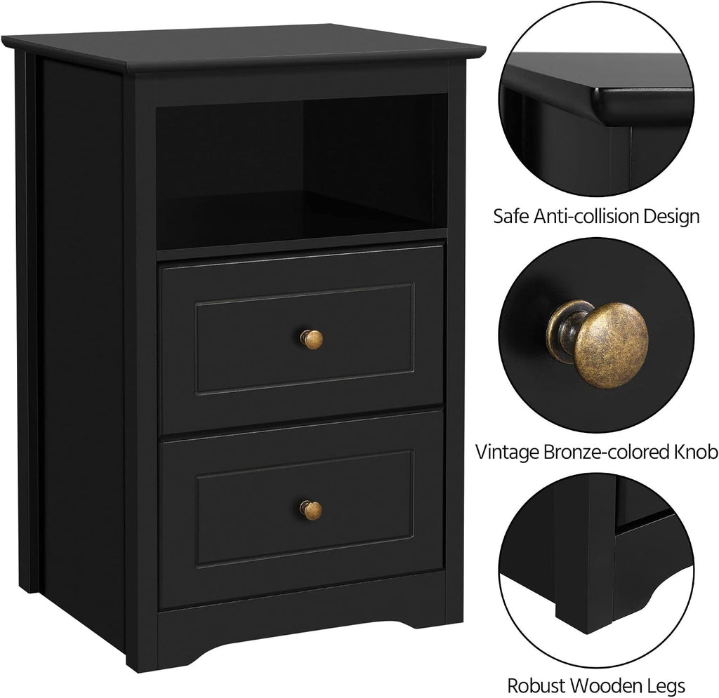 Yaheetech Nightstand Set of 2, Wooden Bedside Tables with 2 Drawer and Cubby, 2Pcs Tall Nightstand for Bedroom Small Space, Bedside Cabinet Telephone Table, 19″ L × 16″ W × 29″ H, Black