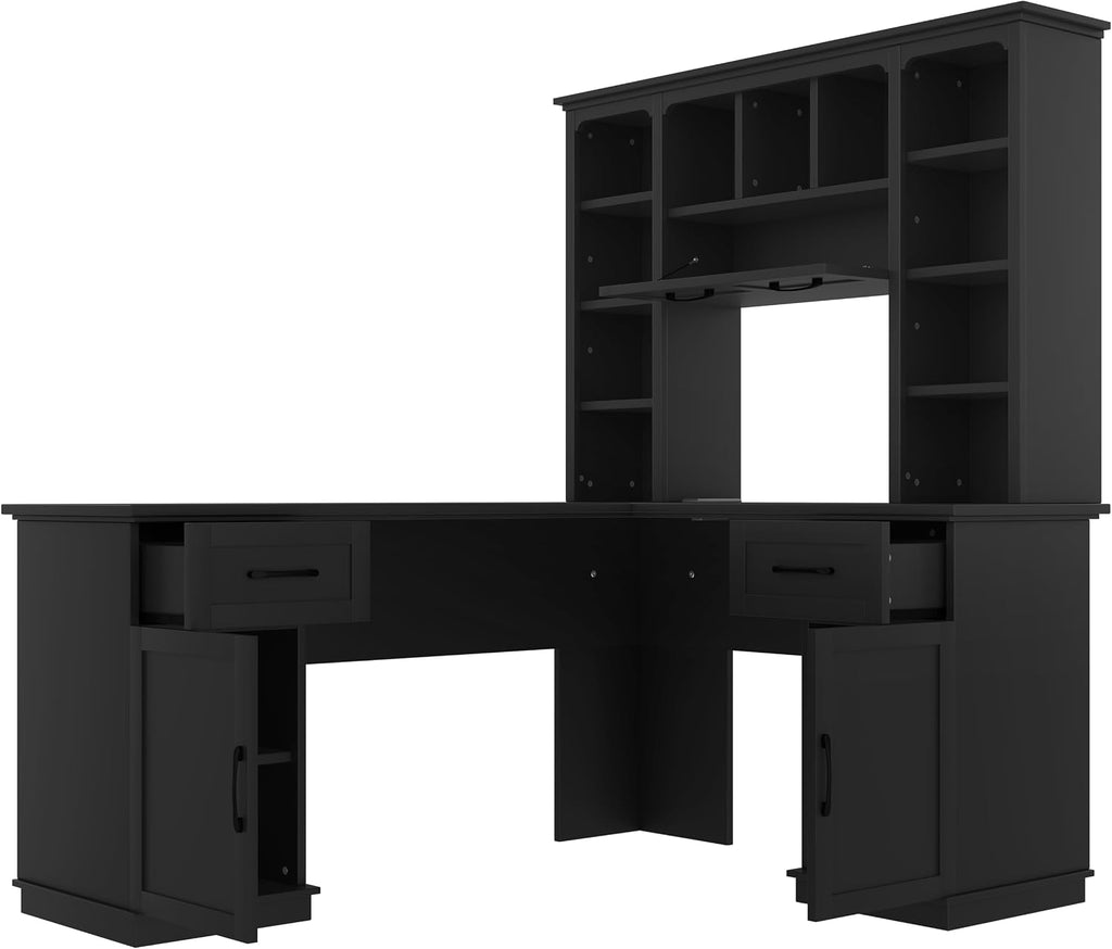 Versatile L-Shaped Computer Desk with 2 Cabinets and 2 Drawers, Power Outlet,11 Open Shelves and 1 Right Flip Shelf,for Study Living Room Office (Black#Drawers)