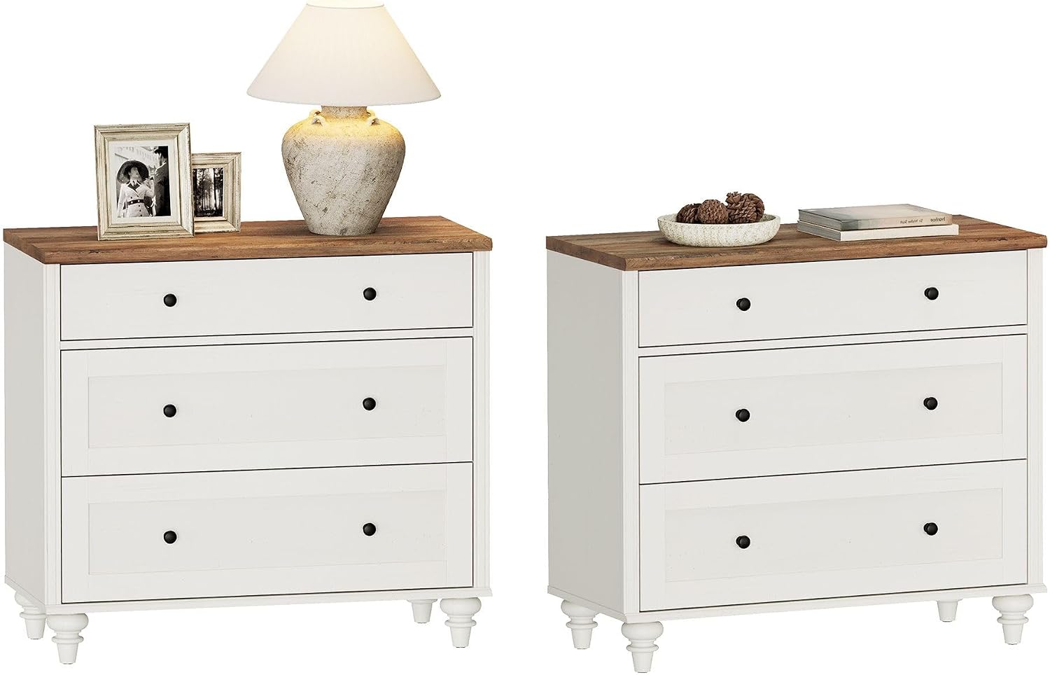 WAMPAT Farmhouse Set of 2 End Table with 6 Drawers, Large Mid Century Modern Wood Bedside Table Night Stand, Wide Sofa Side End Table 6 Drawers for Living Room, Bedroom, White