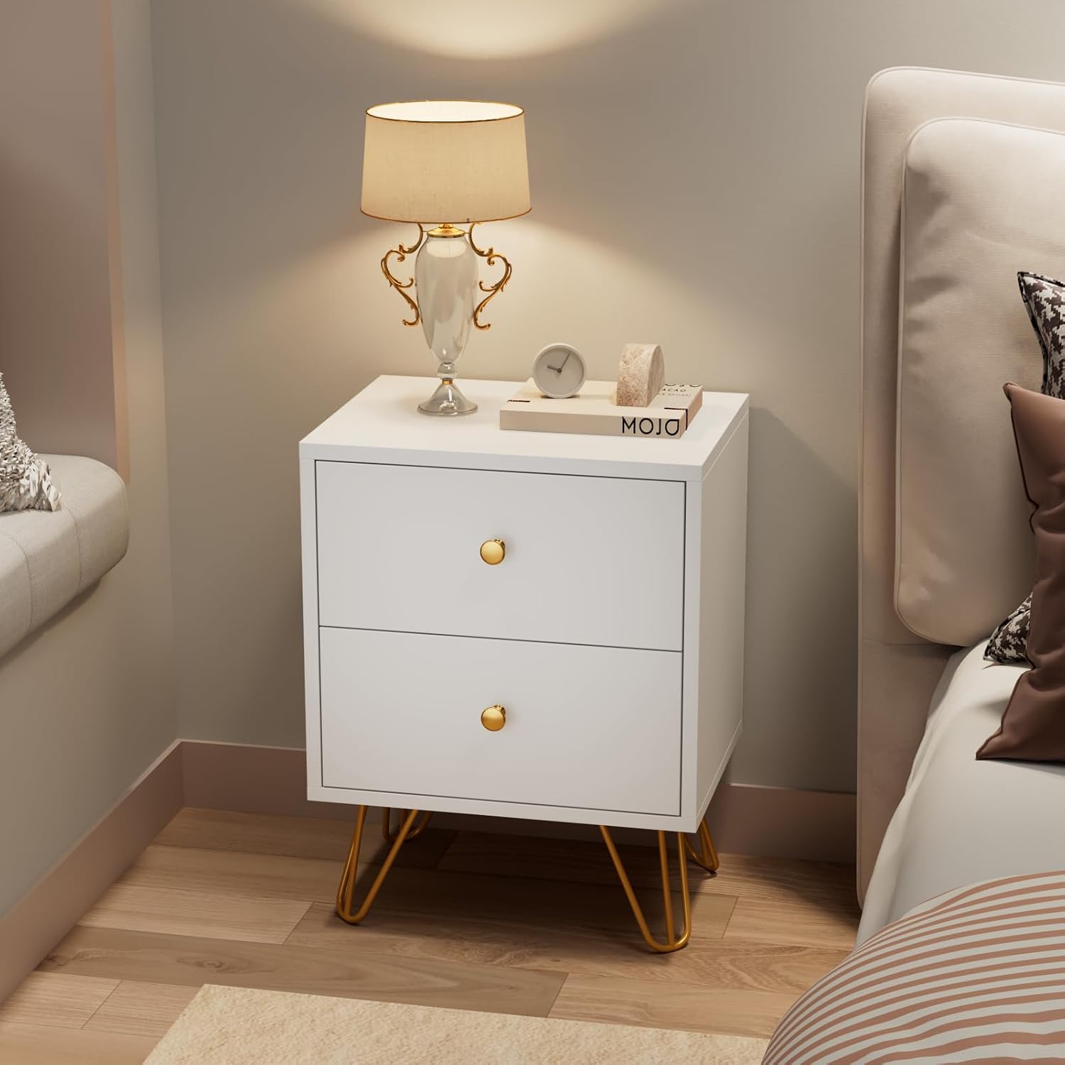 CARPETNAL White Nightstand Set of 2, End Side Table Double, Bedside Table with 2 Drawers, Dual Night Stand Metal Legs for Bedroom Living Room