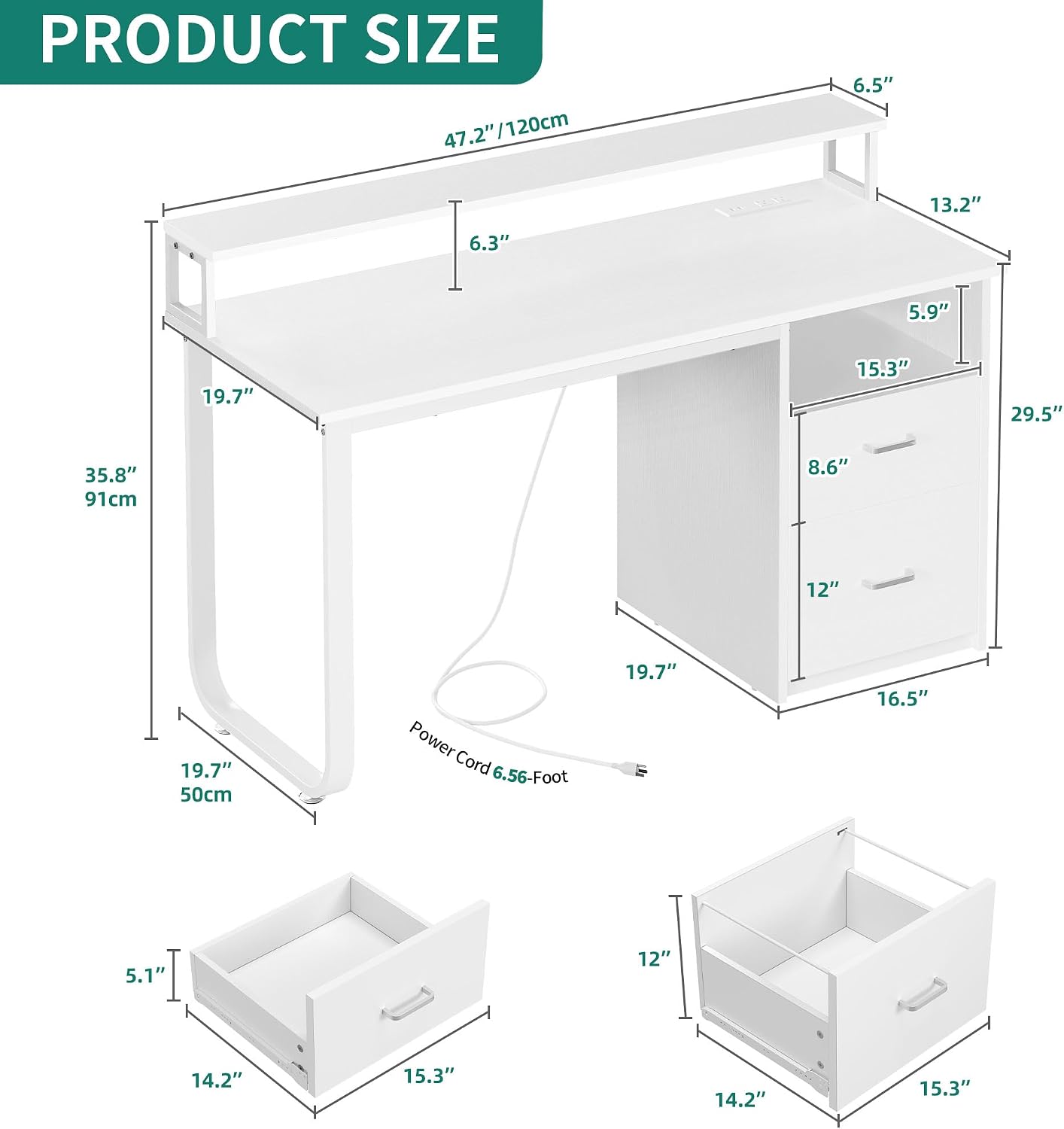 YITAHOME Computer Desk with Drawers, 47.2' Office Desk with Power Outlets & LED Light, Home Office Desk with Storage Shelves, White