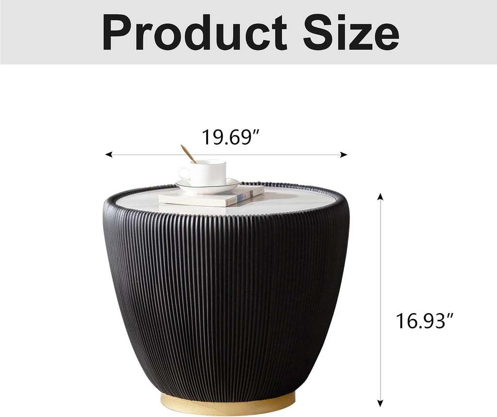 Modern Round End Table Luxury Sintered Stone Top Coffee Table in Black Leatherette Creative Bowl-Shape Small Coffee Side End Table for Living Room Bedroom,Fully Assembled