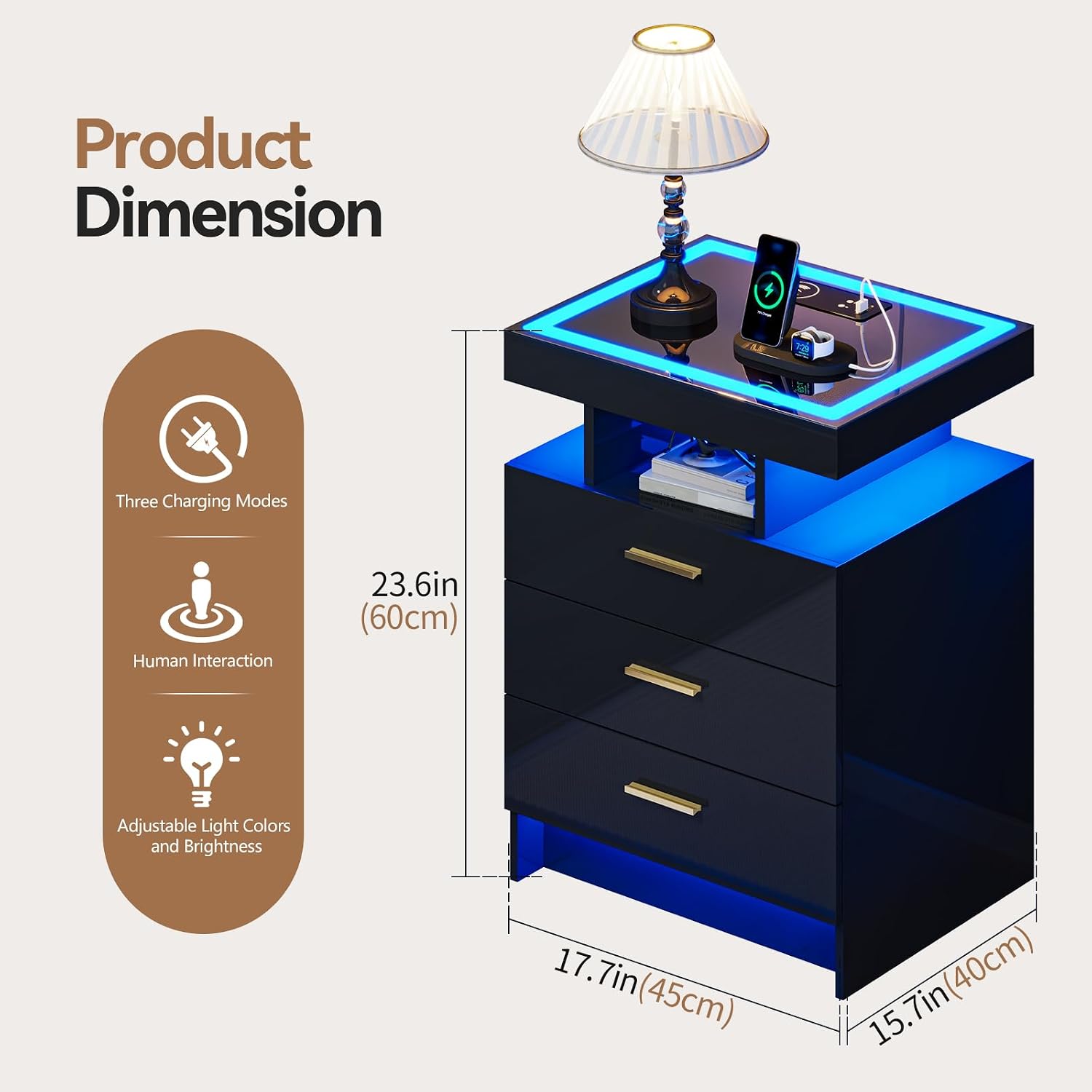 Black Night Stand Set 2 with Wireless Charging Station,Smart Bedside Table with 3 Drawers,Modern Glass Top End Side Table with 3 Color Dimmable,LED Nightstand for Bedroom