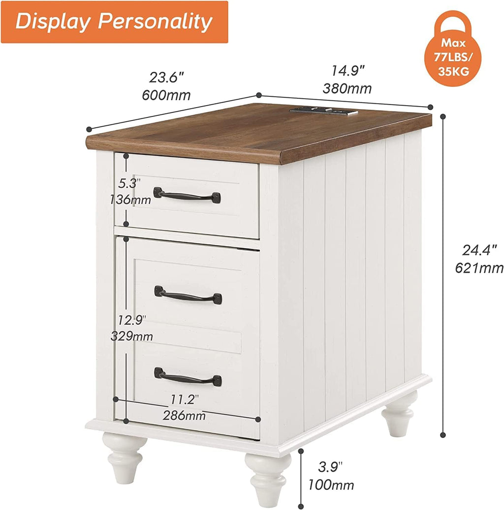 WAMPAT 2 Pack End Tables with Charging Station, White Wood Sofa Side Table with Drawer & Storage Cabinet, Modern Nightstand with Power Outlets & USB Ports for Living Room, Bedroom