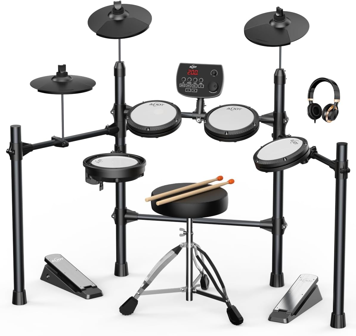 AiJoy Electric Drum Set for Beginners & Adults, Quiet Mesh Pads Digital Drum Kit, Dual-Zone Snare, 5 Drums 3 Cymbals, 195+ Sounds, USB MIDI, Includes Throne, Headphones & Sticks for Apartment Practice