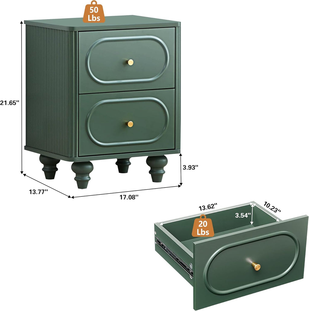 2 Drawer Fluted Nightstand Set of 2, Mid Century Modern Farmhouse Night Stand Small End Table Bedside Table for Bedroom, Green
