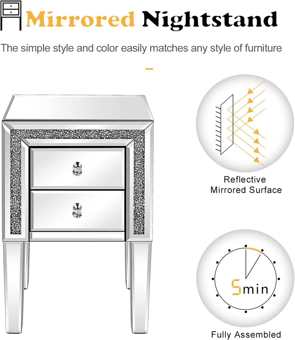VINGLI Mirrored Nightstand Set of 2 Silver Glass Sofa/Couch Side Tables Bedroom End Tables with Storage, 24.8 inch Tall