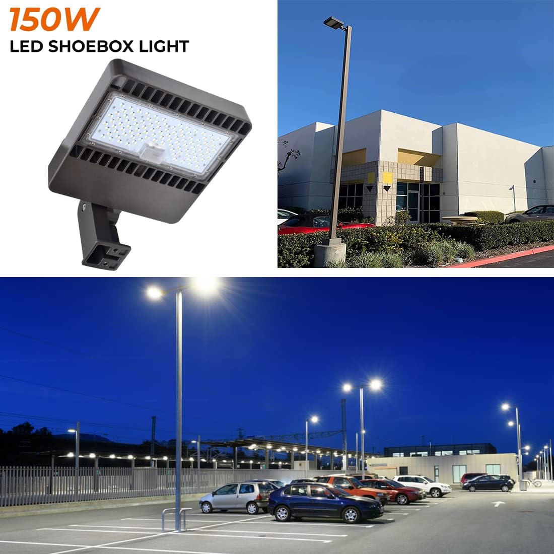 LED Parking Lot Lighting 150w - 19,500 Lumen - 130 Lumen to Watt - 5000K Bright White - Dimmable Outdoor Large Area Light - LED Shoebox Lights – Arm Mount for Square Pole – ETL & DLC Listed