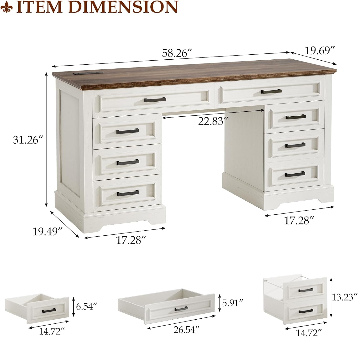 58' Executive Desk with 7 Drawers, Large Computer Desk with Charging Station , Wood Home Office Desk with File Drawer for Letter/A4 Size Hanging Files for Home Office, Rustic White and Rustic Brown