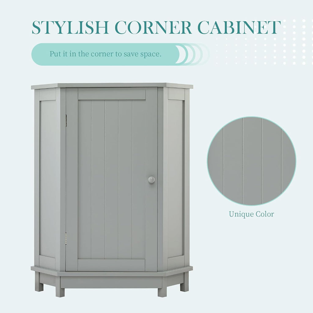 Floor Corner Cabinet with Doors and Adjustable Shelves, Freestanding Bathroom Corner Storage Cabinet for Bathroom, Living Room (1 Door, Grey)