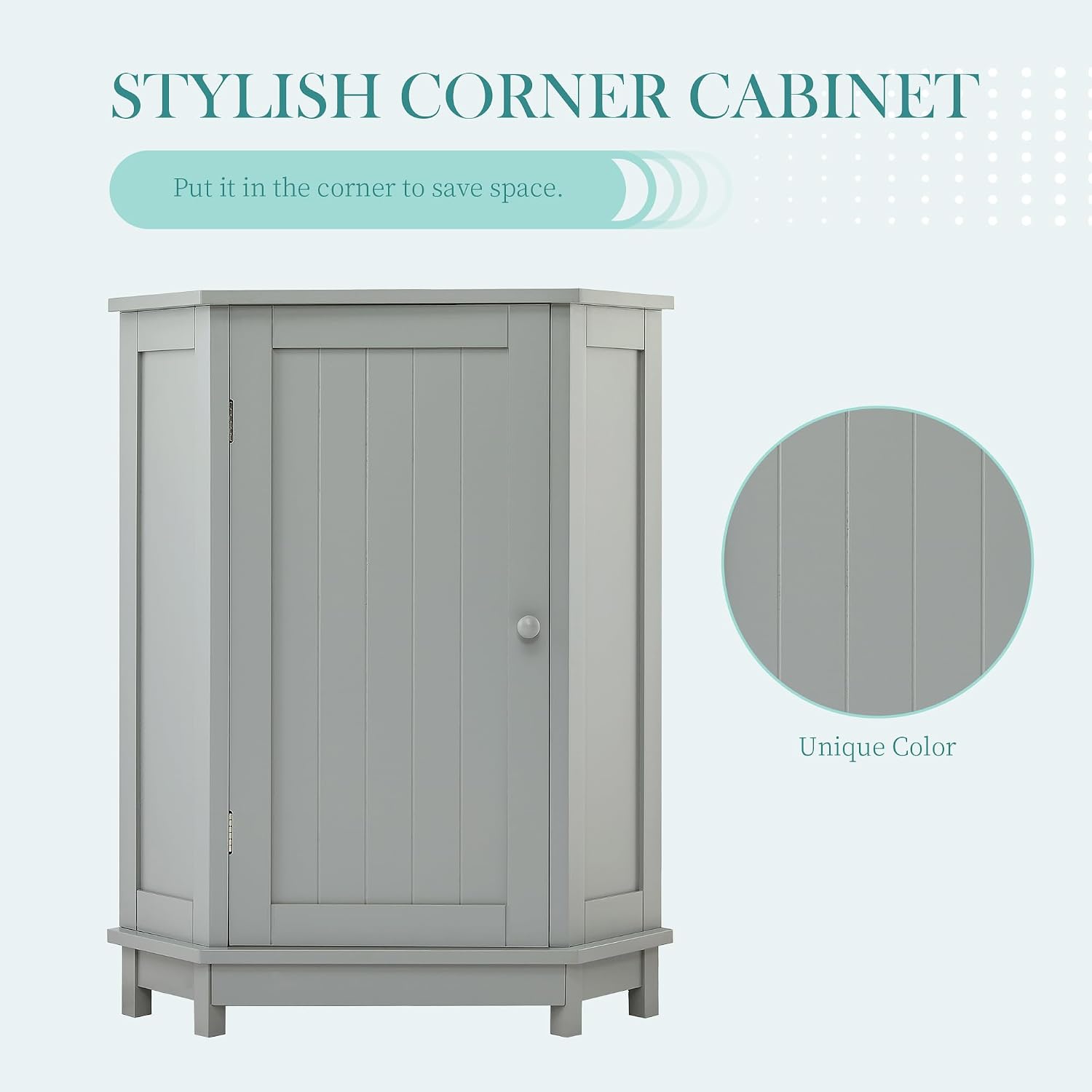 Floor Corner Cabinet with Doors and Adjustable Shelves, Freestanding Bathroom Corner Storage Cabinet for Bathroom, Living Room (1 Door, Grey)