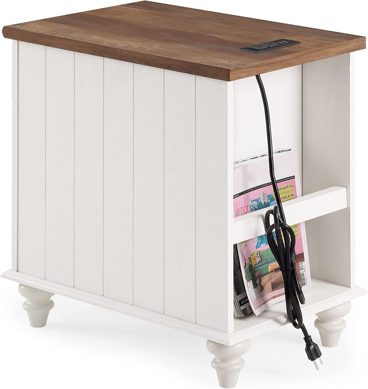 WAMPAT 2 Pack End Tables with Charging Station, White Wood Sofa Side Table with Drawer & Storage Cabinet, Modern Nightstand with Power Outlets & USB Ports for Living Room, Bedroom