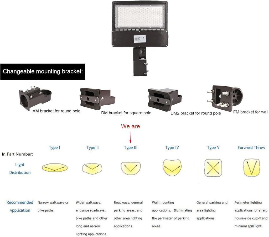 100W 120W 150W Power Switchable LED Parking Lot Light 3000K 4000K 5000K CCT Selectable Outdoor Commercial Street Area Lighting Fixtures Type 3 Bronze 100-277V (AM Slip Fitter Bracket)