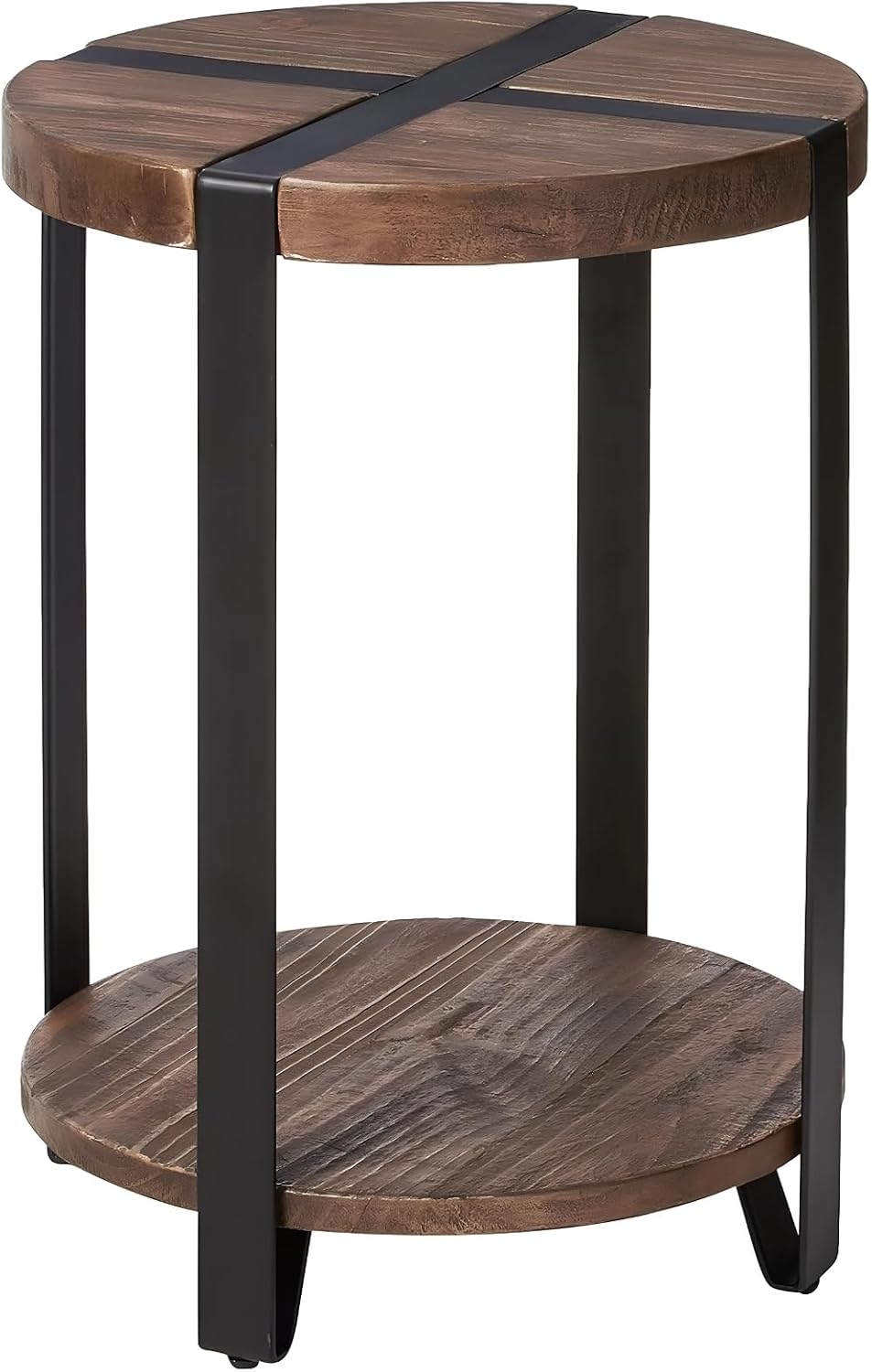 Modesto 20-Inch Round End Table – Rustic 2-Tier Side Table with Solid Wood Top, Lower Shelf, & Metal Legs – Small Accent Table for Living Room or Bedroom by Alaterre Furniture (Natural Wood Finish)